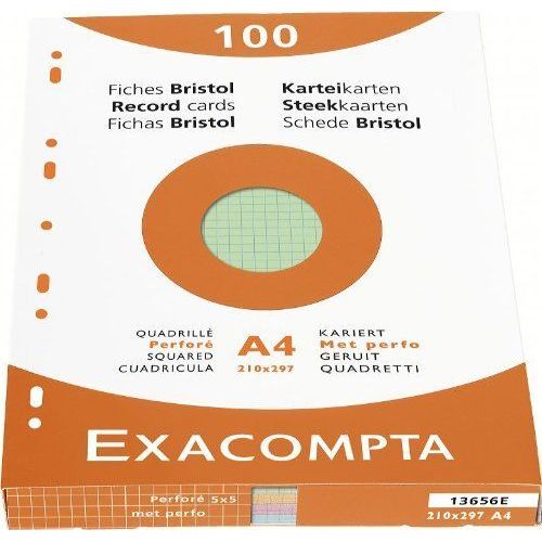 Exacompta 13656e Etui 100 Fiches Bristol 4 Coloris Assortis Bleu/Jaune/Vert/Rose 210/297 5x5 Perforée