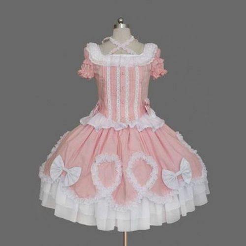 Robe Rose Coton Dentelle Froufrous Noeud Papillon Manches Courtes Bouffantes Deux Pièces Bustier Jupe Sweet Lolita Poupée Doll Mignon Kawaï Mode Japonaise Convention Soirée Black Sugar
