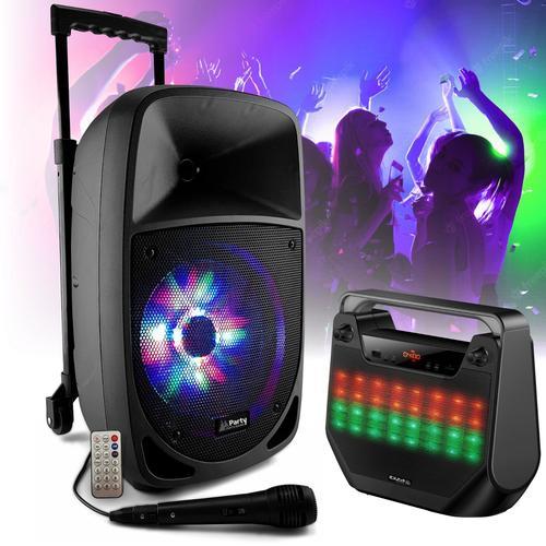 Enceinte Karaoke Nomade sur batterie Bluetooth USB 300W PARTY-8LED avec Micro - Enceinte portable FREESOUND40 Anniversaire Boom