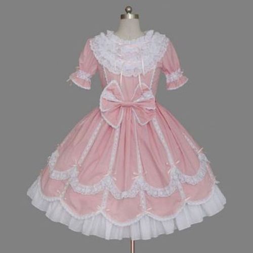 Robe Rose Coton Dentelle Ruban Noeud Papillon Manches Courtes Bouffantes À Volants Multilayer Sweet Classic Lolita Poupée Doll Kawaï Mignon Mode Japonaise Convention Soirée Black Sugar