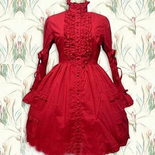 Robe Rouge Coton Manches Longues Évasées Boutons Rubans Jabot À Froufrous Col Relevé Victorien Sweet Classic Lolita Poupée Doll Mode Japonaise Kawaï Grandes Occasions Black Sugar