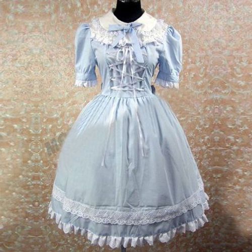 Robe Sweet Lolita Bleu Ciel Coton Dentelle Manche Courte Noeud Lacet Réglable Classic Sweet Lolita Mode Japonaise Victorienne Japanese Fashion Convention Sortie Soirée Cérémonie Mariage Black Sugar