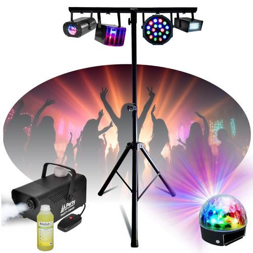 Pack Lumière Mooving Light & Sound Pied ML-SUPPORT-DJLIGHT 1,60m réglable - 5 Jeux de lumière Atro Derby Strobe - Machine à fumée