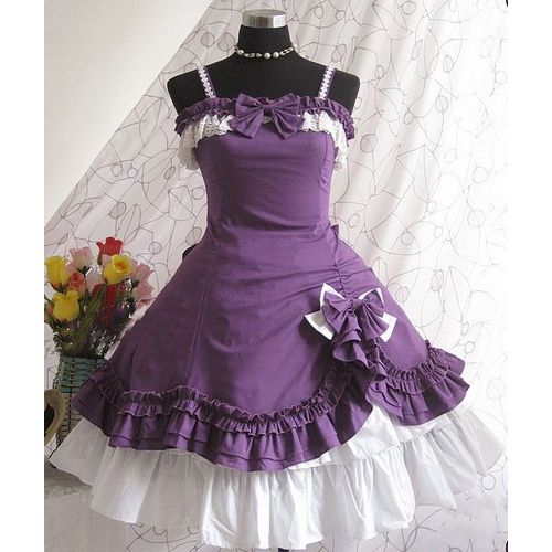 Robe Violette Et Blanche Coton Noeuds Papillon Froufrous Dentelle Bretelles Lacet Dos Sweet Lolita Mode Victorienne Vintage Japonaise Fashion Convention Soirée Bal Grandes Occasions Black Sugar
