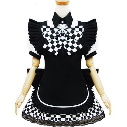 Robe Maid Japonaise Blanc Noir Damier Kawaï Mignon Costume Cosplay Déguisement Haiyore! Nyaruko-San Anime Manga Lolita Mode Japonaise Convention Soirée Bal Café Black Sugar Boutique Paris