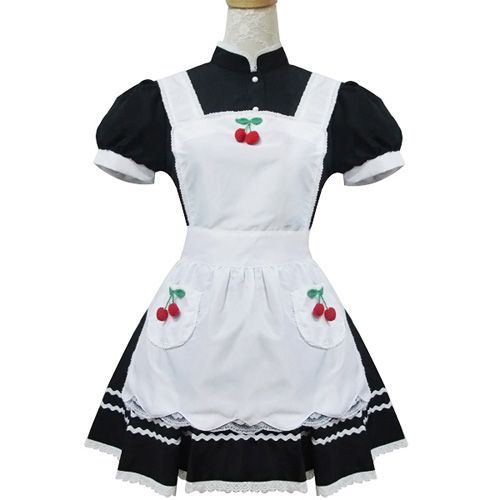 Robe Maid Japonaise Noire Tablier Blanc Cerises Simple Serre-Tête Maid Servante Sweet Lolita Kawaï Mignon Mode Japonaise Japanese Fashion Convention Anime Manga Soirée Café Cosplay Black Sugar Paris