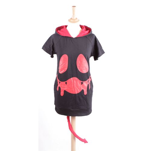 Pull Veste Top Gilet Coton Manches Courtes Capuche Cornes Queue Peluche Amovible Détachable Motifs Imprimés Sourire Démon Diable Diablotin Emo Gothique Punk Streetwear Casual Style Mode Black Sugar