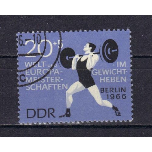 Allemagne Ddr 1966 : Championnats D'europe Et Du Monde De Poids Et Haltères, À Berlin - Timbre 20 P. + 5 P. Bleu Et Noir Oblitéré