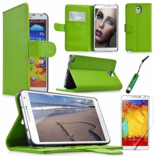 Etui Portefeuille Pour Samsung Galaxy Note 3 5.7" Support Video Cuir Pu - Vert + Mini Stylet