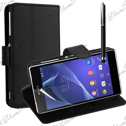Etui Portefeuille Pour Sony Xperia Z2 5.2" Support Video Cuir Pu - Noir + Stylet