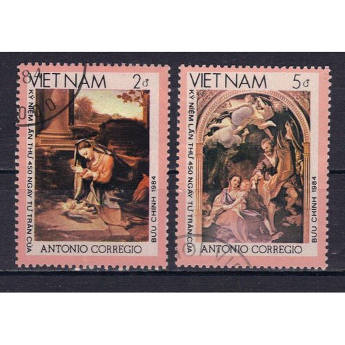 Vietnam 1984 : 450è Anniversaire De La Mort De Corrège (Antonio Allegri Dit "Le Corrège" 1489 -1534) : Tableaux - Série De 2 Timbres Oblitérés