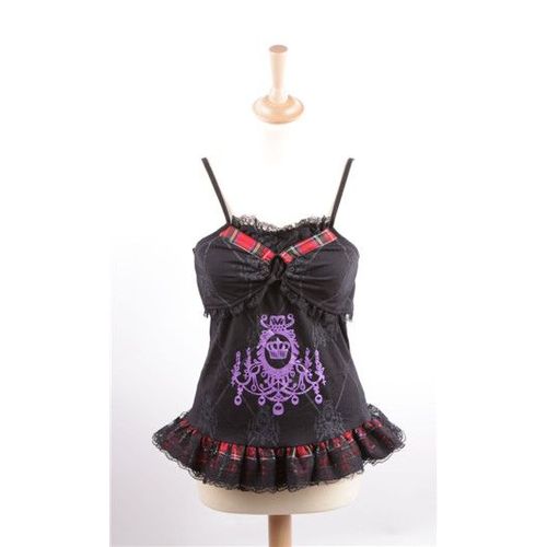 D?Bardeur Bustier T-Shirt Noir Sans Manches Dentelle Motifs Rouges Et Bleus Streetwear Casual D?Tente Emo Gothique Punk Rock Black Sugar Boutique Cosplay Mode Lolita