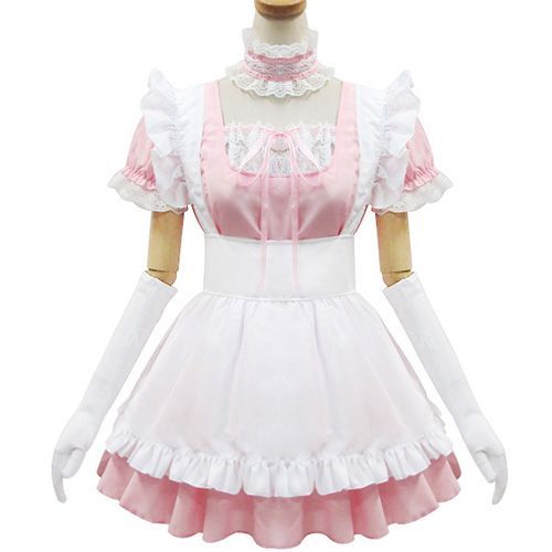 Robe Maid Coton Manches Courtes Tablier Collier Ras De Cou Noeuds Ruban Rose Dentelle Servante Sweet Lolita Kawaï Mignon Mode Japonaise Fashion Convention Anime Manga Soirée Cosplay Black Sugar Paris
