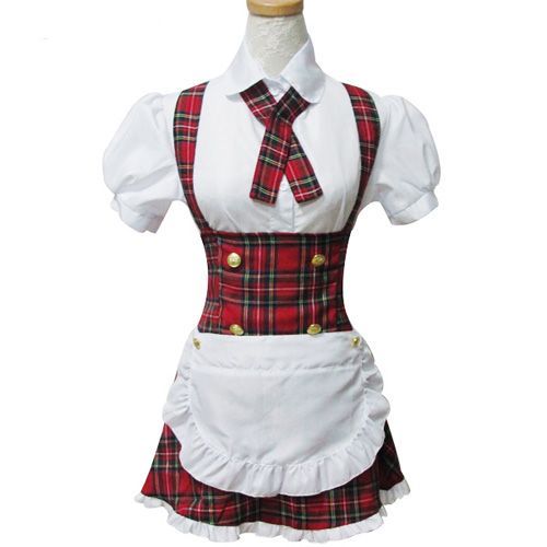 Robe Maid Chemisier Tablier Rouge Ecossais Boutons Dorés Serre-Tête Mode Japonaise Sweet Ama Lolita Maid Cosplay Déguisement Servante Soubrette Convention Soirée Sortie Bal Black Sugar Boutique Paris