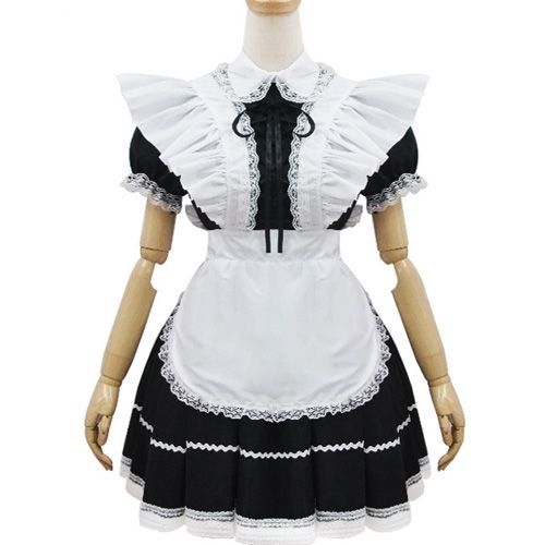 Robe Maid Coton Noire Blanche Tablier Dentelle Ruban Fin Noir Col Serre-Tête Sweet Maid Lolita Mode Japonaise Mignon Kawaï Costume Cosplay Déguisement Convention Soirée Café Black Sugar Boutique Paris