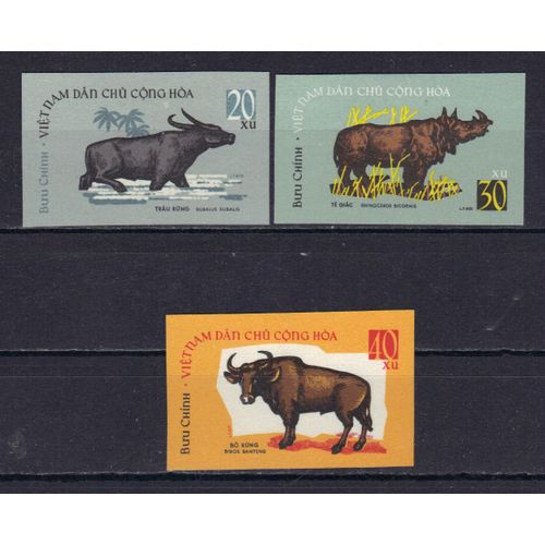 Vietnam Du Nord 1964 : Animaux : Buffle / Rhinocéros / Boeuf Sauvage - Série De 3 Timbres Neufs * Non-Dentelés Cote 30 