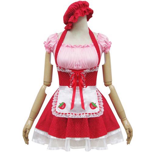 Robe Maid Coton Manches Courtes Tablier Patchs Fraise Chapeau Charlotte Sweet Maid Lolita Kawaï Mignon Fruits Été Mode Japonaise Dentelle Convention Soirée Black Sugar Boutique Paris Mode Cosplay
