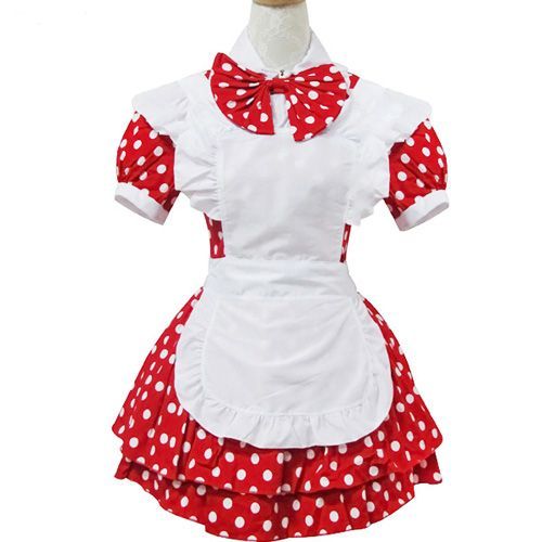 Robe Maid Coton Tablier Manches Courtes Noeud Papillon Serre-Tête Bracelets Gants Longs Rouge Pois Blanc Kawaï Mignon Déguisement Costume Convention Black Sugar Paris Boutique Cosplay Mode Lolita