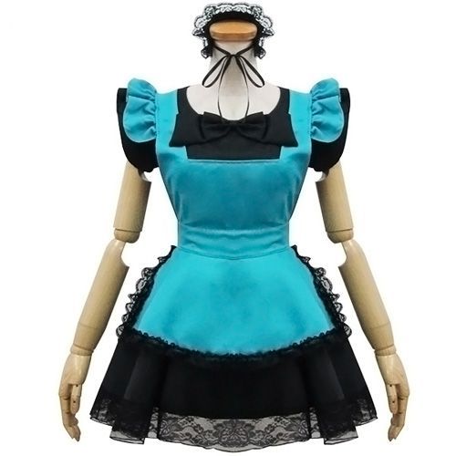 Robe Maid Sans Manches Coton Noir Bleu Dentelle Tablier Noeud Papillon Serre-Tête Assorti À Nouer Sweet Mais Lolita Kawaï Mignon Classe Style Mode Japonaise Déguisement Cosplay Convention Black Sugar