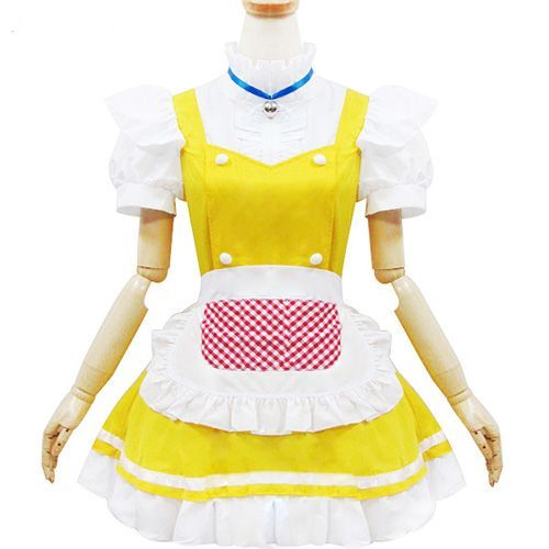 Robe Maid Coton Manches Courtes Bouffantes Tablier Blanc Jaune Rouge Carreaux Collier Ruban Bleu Clochette Argentée Serre-Tête Noeud Papillon Sweet Lolita Mode Japonaise Mignon Kawaï Black Sugar
