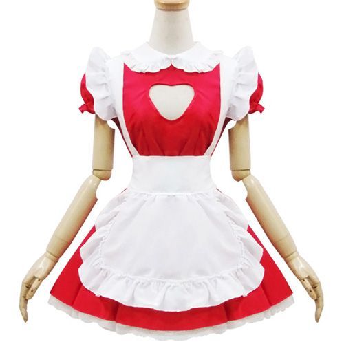 Robe Maid Coton Dentelle Tablier Manches Courtes Bouffantes Décolleté Trou Coeur Serre-Tête Oreilles Chat Nekomimi Rouge Blanc Kawaï Mignon Sexy Déguisement Costume Convention Black Sugar Paris