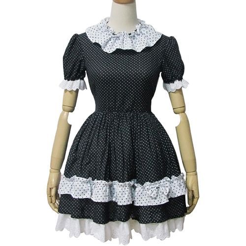 Robe Maid Noire À Pois Blancs Manches Courtes Dentelle Noeud Papillon Sweet Maid Lolita Kawaï Mignon Classe Style Mode Japonaise Déguisement Cosplay Costume Convention Boutique Black Sugar Paris  69¿