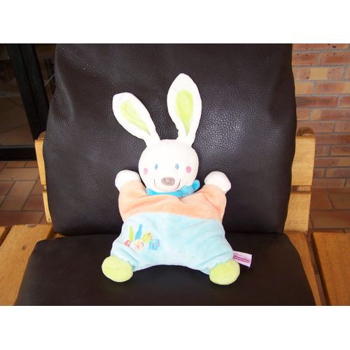 Doudou Semi Plat Lapin Pommette Orange Bleu Turquoise Blanc