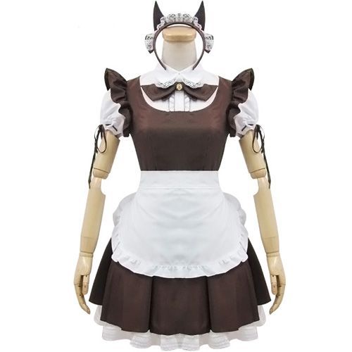 Robe Maid Marron Blanc Manches Courtes Tablier Noeud Papillon Clochette Dorée Lanière Serre-Tête Froufrous Oreilles De Chat Tissu Neko Kawaï Mignon Mode Japonaise Costume Déguisement Black Sugar