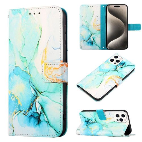 Étui Pour Iphone 15 Pro Max Portefeuille Bicelle Cuir Pu Motif De Marbre - Vert