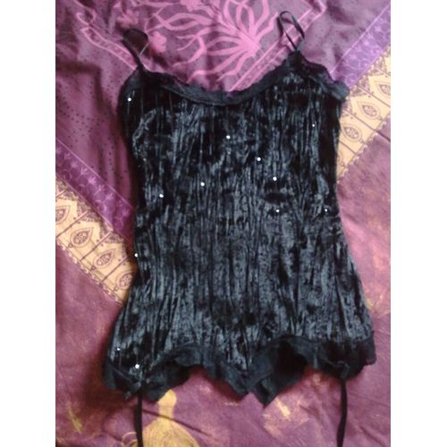 Top Noir Velours Effet Froissé Dentelle Et Sequins- T40