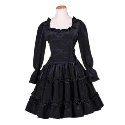 Robe Noire Manches Longues Bustier Lacets Sur Côté Soirée Cosplay Costume Déguisement Boutique Black Sugar Lolita Punk Gothique
