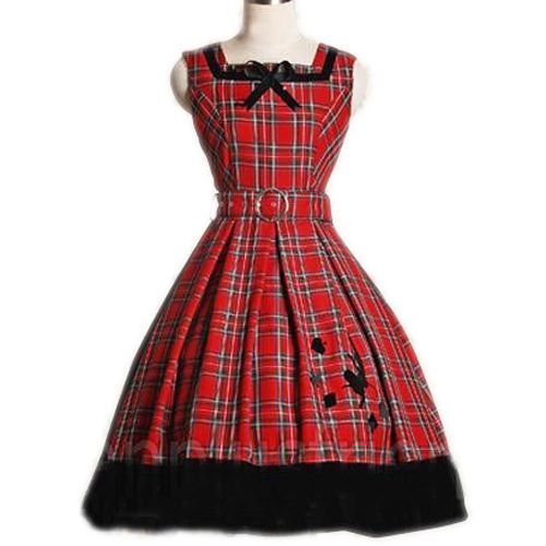 Robe Rouge A Carreaux Manches Courtes Bustier Boucle De Ceinture Noeuds Papillon Soirée Cosplay Costume Déguisement Boutique Black Sugar Lolita Punk Gothique