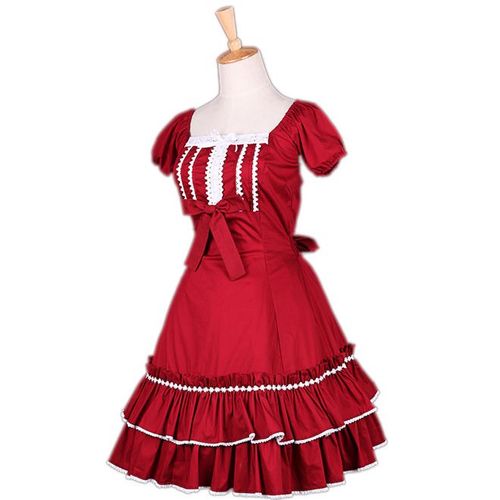 Robe Rouge Manches Courtes Tour De Poitrine Blanc Dentelle Noeud Papillon Rouge Soirée Cosplay Costume Déguisement Boutique Black Sugar Lolita Punk Gothique