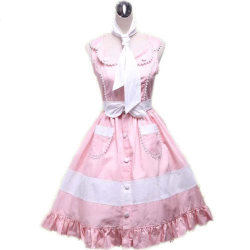 Robe Rose Sans Manches Echarpe Blanche Ceinture Avec Un Noeud Papillon Soirée Cosplay Costume Déguisement Boutique Black Sugar Lolita Punk Gothique