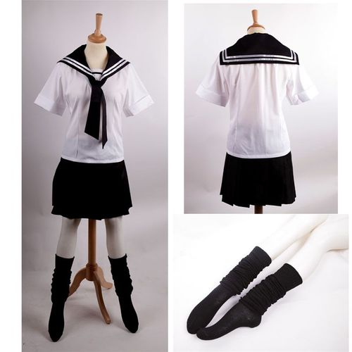 Ensemble Robe Uniforme Scolaire Japonais Sailor Fuku Loose Socks Chaussettes Noeud Foulard Collégienne Lycéenne Ecolière Kawaï Moe Déguisement Cosplay Costume Convention Black Sugar Boutique Paris