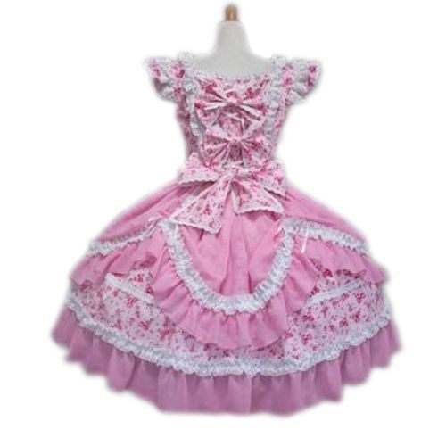 Robe Rose Manches Courtes Fleur Mutlicolore Triple Noeuds Papillon Rose Jupon Bouffant Soirée Cosplay Costume Déguisement Boutique Black Sugar Lolita Punk Gothique