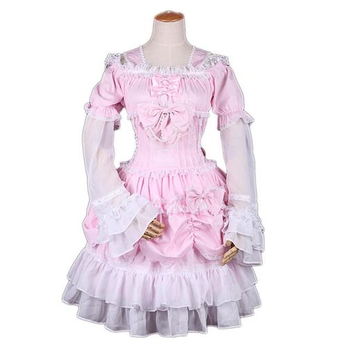Robe Rose Manches Longues Décorées De Dentelle Noeuds Papillon Jupon Dentelle Soirée Cosplay Costume Déguisement Boutique Black Sugar Lolita Punk Gothique