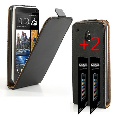 Pour Htc One Mini : Housse Aspect Cuir Noir Rabat Luxe+ 2 Films
