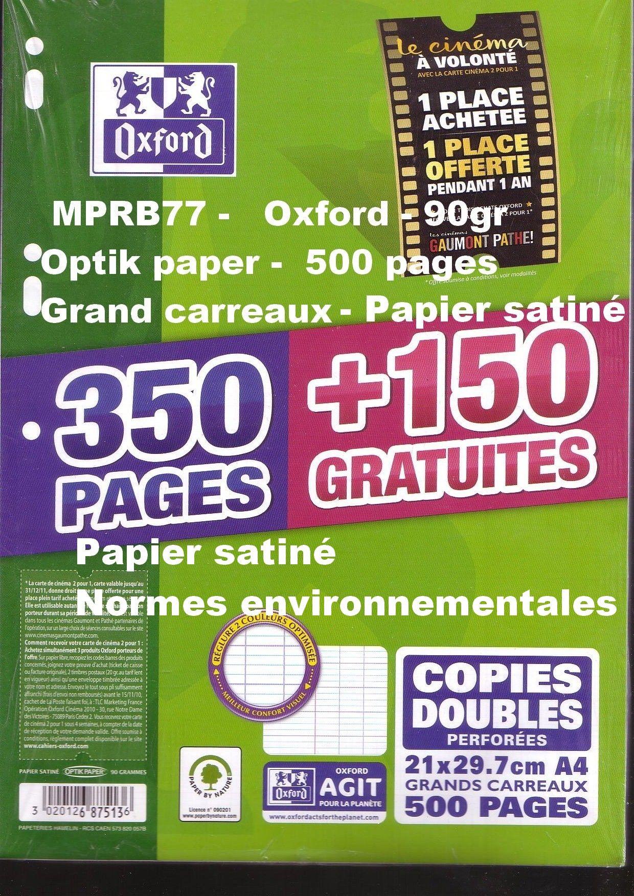 Oxford Copies Doubles Perforées grands carreaux(seyès)- 500 pages -Papier  blanc satiné 90gr - Qualité Optik paper - Normes environnementales - Format  21x29,7(A4)