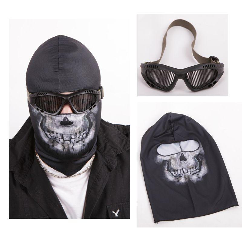 Cagoule réglable pour sports de plein air CS Cosplay Protection complète du  visage Airsoft Masque tête de mort avec lunettes, cagoule