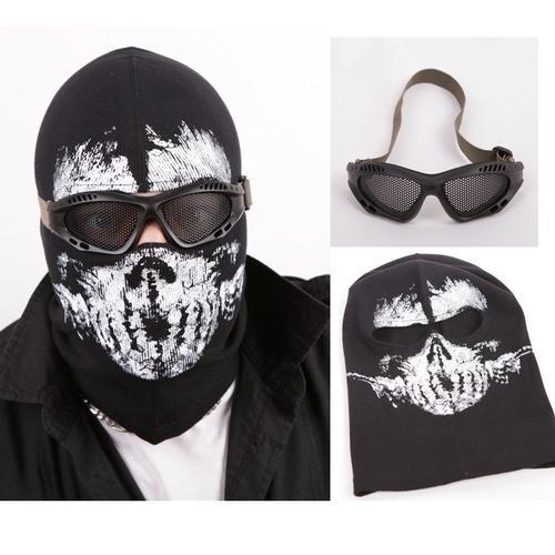 Pack Cagoule + Lunettes Grillagées Protection Airsoft Tissu Noir Imprimé Motif Blanc Squelette Tête De Mort Sport Airsoft Paintball Hiver Jeu Vidéo Militaire Gothique Punk