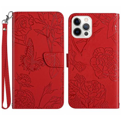 Étui Pour Iphone 15 Pro Max Avec Sangle De Poignet Étui En Cuir Antichoc Protection Anti-Chute Couverture En Cuir Pu Fleurs Et Papillons - Rouge