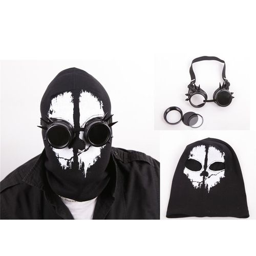 Lot Cagoule+Lunettes Steampunk Noir Masque Deux Trous Yeux Tissu Respirant Motif Tête De Mort Ghost Fantôme Crâne Tête De Mort Militaire Soldat Armée Punk Boutique Black Sugar