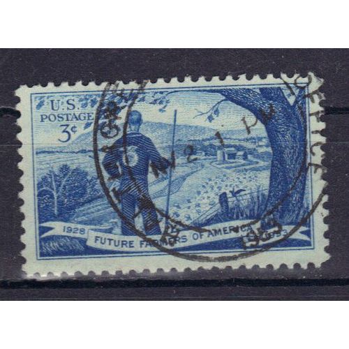 Etats-Unis D'amerique 1953 : 25è Anniversaire Du Mouvement "Futurs Fermiers Américains" : Jeune Fermier Et Paysage - Timbre 3 C. Bleu Oblitéré