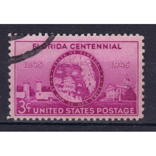 Etats-Unis D'amerique 1945 : Centenaire De La Fondation De L'etat De La Floride Dans L'union : Porte De Sainte-Augustine, Sceau Et Capitole De Tallahassee -Timbre 3 C. Violet Oblitéré