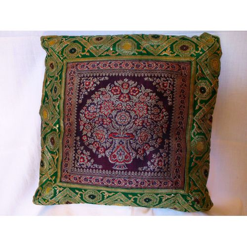 Housse En Brocart De Soie Avec Fil Doré - Coussin Artisanal Indien - Arbre De Vie - Motif Et Tissage Traditionnels