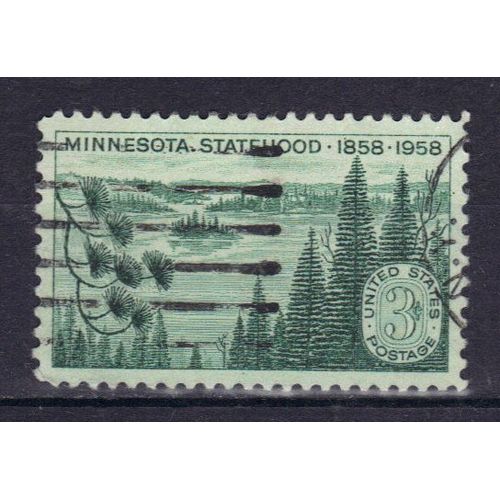Etats-Unis D'amerique 1958 : Centenaire De L'etat Du Minnesota Dans L'union : Paysage De Lac- Timbre 3 C. Vert Foncé Oblitéré