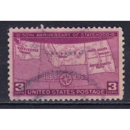 Etats-Unis D'amerique 1939 : Cinquantenaire De L'admission Des Etats Du Dakota Du Nord, Du Dakota Du Sud, Du Montana Et De Washington Dans L'union : Carte Des Etats - Timbre 3 C. Lilas Oblitéré
