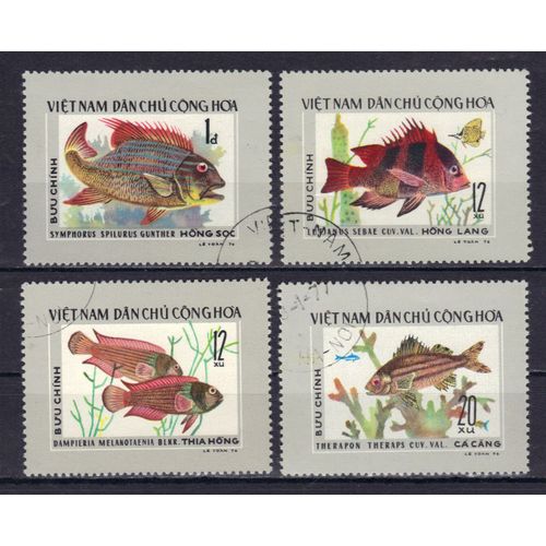Vietnam 1976 : Poissons Divers - Série Entière De 8 Timbres Oblitérés Cote 8 ¿