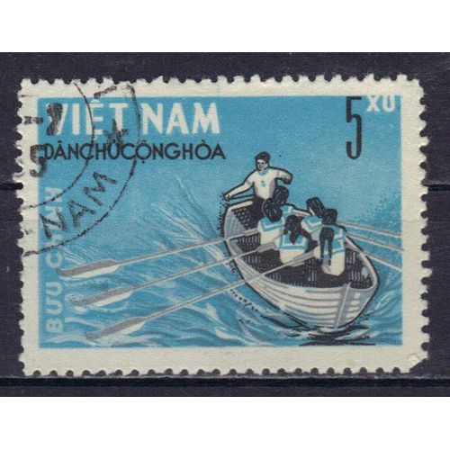 Vietnam Du Nord 1964 : Jeux Sportifs : Canotage - Timbre 5 Xu. Bleu Et Noir Oblitéré